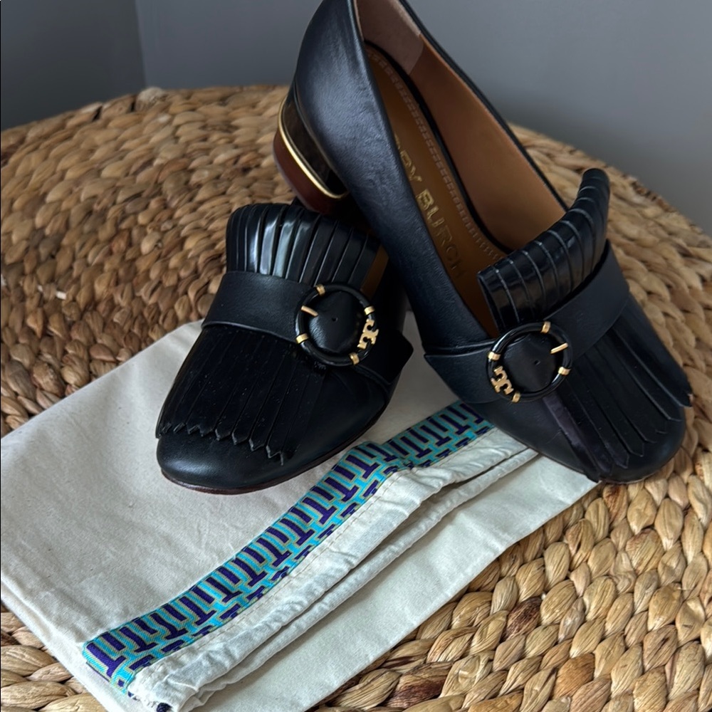 Tory Burch Black and Gold Leather Block Heel Loafers